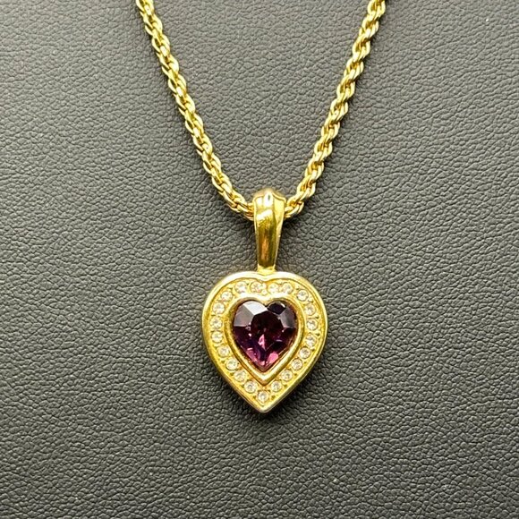 VTG Swarovski S.A.L. Faux Amethyst & Crystals on Gold-Tone Heart Pendant - Picture 8 of 11
